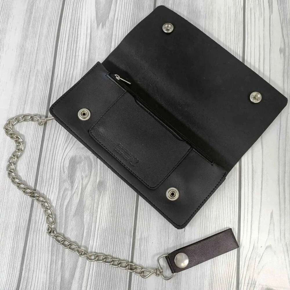 Black Leather Trifold Wallet with Chain